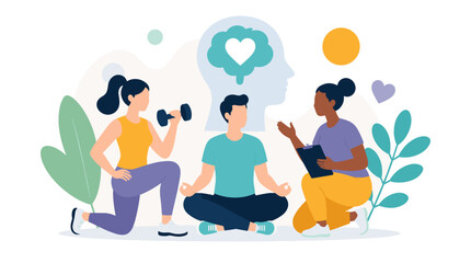 Obraz premium Three friends meditating and conversing in harmony.