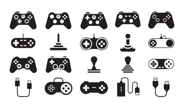 Video game controller icons and joystick hardware for console gaming flat vector silhouettes.