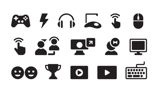Gaming equipment and multimedia icons set including headphones mouse monitor and keyboards.