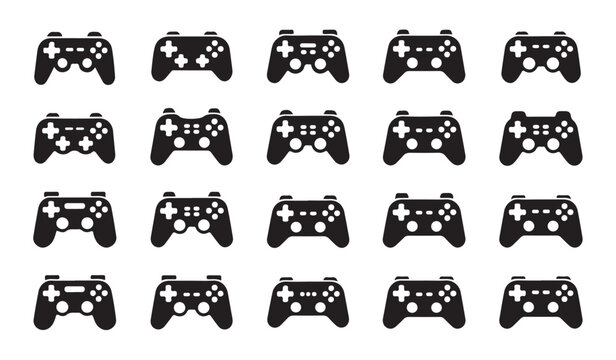 Collection of different black game controller silhouettes for console and computer gaming.