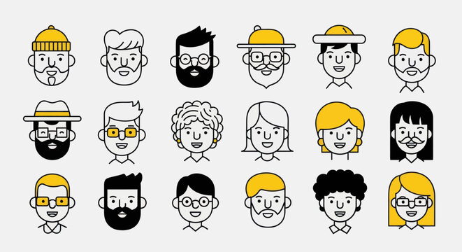 Diverse illustrated faces set