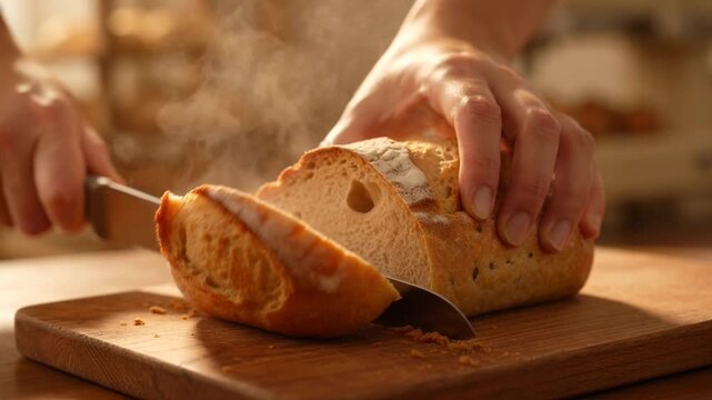 Close up of hands slicing a fresh loaf of bread on a wooden cutting board.