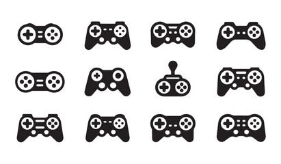 Various black video game controllers and joysticks icons on transparent checkered background. © MD.RAHIM