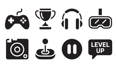 Gamer icons set including controller trophy headset vr goggles camera joystick pause level up. © MD.RAHIM