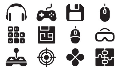 Computer hardware icons with headset gamepad floppy disk mouse keyboard keys target and puzzle. © MD.RAHIM