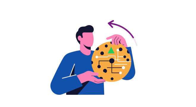 Man holding a circular circuit board with a green triangle, representing technology and innovation.