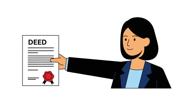 Woman presenting a deed document with a red seal, representing legal ownership and contracts.