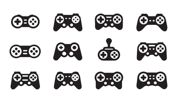 Various black video game controllers and joysticks icons on transparent checkered background.