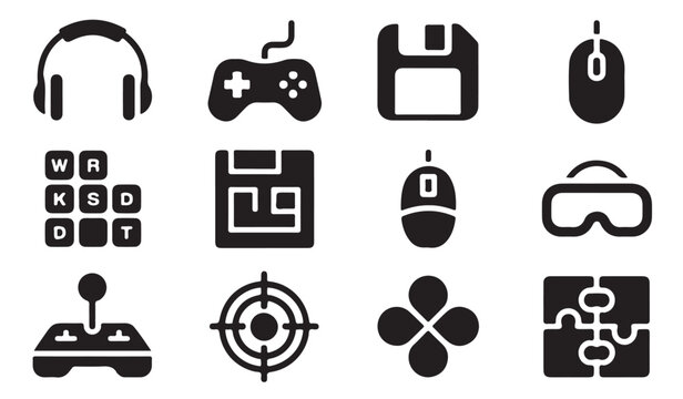 Computer hardware icons with headset gamepad floppy disk mouse keyboard keys target and puzzle.