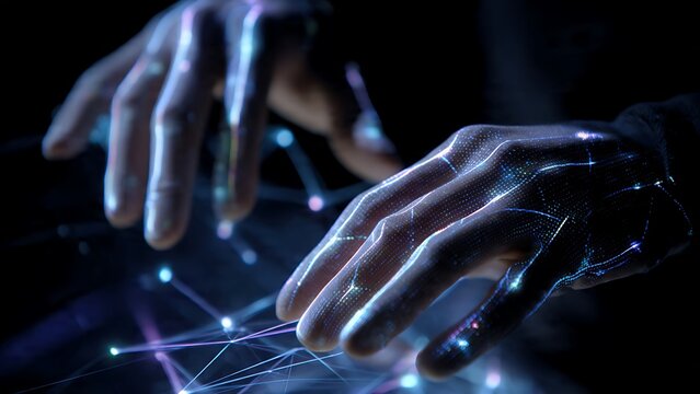 Futuristic holographic hands interacting with a glowing digital interface, neural network, and cyber data connection. Concept of artificial intelligence, virtual reality, and cyberspace.