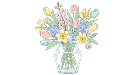 Obraz premium Spring flower bouquet in glass vase vector, pastel tulips and daffodils floral arrangement, hand drawn botanical illustration for greeting cards