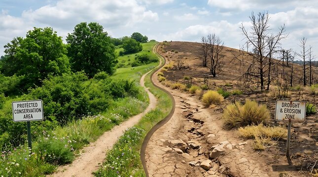 A conceptual splitscreen landscape showing the contrast between a lush protected conservation area and a barren drought and erosion zone