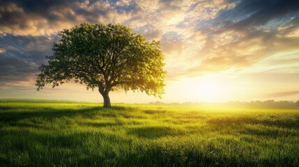 Fototapeta premium Solitary tree stands in a sunlit meadow under a dynamic sky at sunrise/sunset