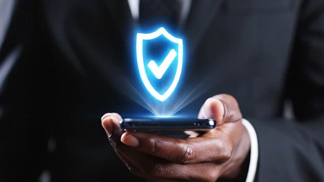 Hands of a Black businessman in a dark suit using a smartphone for mobile communication