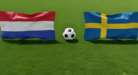 Naklejka premium Netherlands and Sweden flags with soccer ball on grass