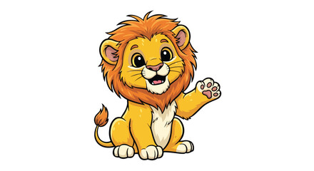 Cute baby lion cartoon character, friendly waving lion cub vector illustration, happy wild animal mascot with orange mane on white background © stcok victer cenva