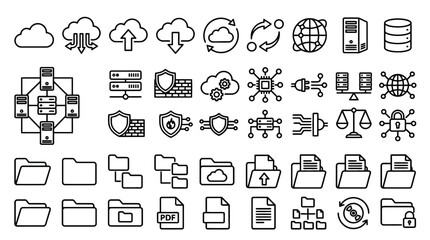 Fototapeta premium Cloud computing and database storage line icons set for network technology and data security. EPS Editable