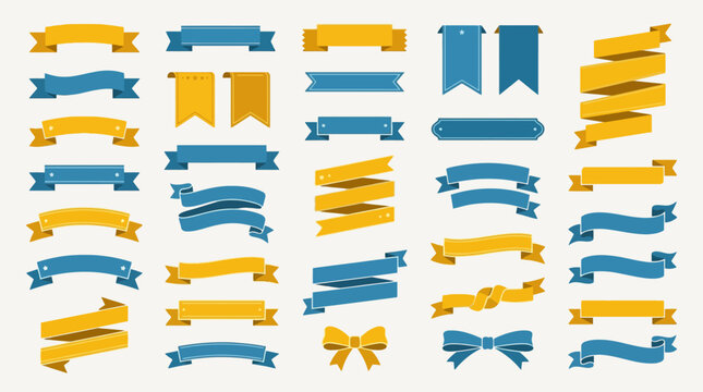 Collection of blue and yellow vector ribbon banners and decorative scrolls for graphic design elements. EPS Editable
