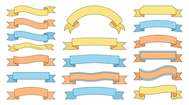 Collection of colorful hand drawn ribbon banners and scrolls vector illustration set. EPS Editable
