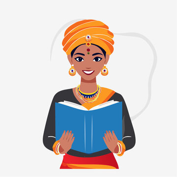 Indian Woman in Traditional Attire Reading a Book