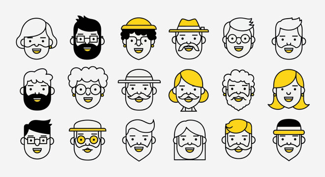 Diverse illustrated faces set