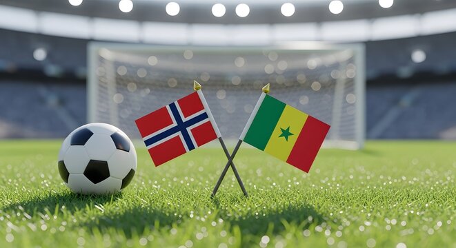 Norway and Senegal flags with soccer ball on grass