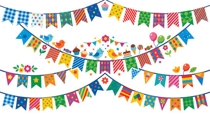 Obraz premium Colorful party bunting garlands with festive flags birds and cupcakes vector illustration on white background. EPS Editable