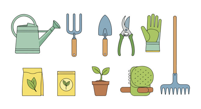 Gardening tools vector icon set, flat line art garden equipment collection, watering can and trowel illustrations for landscaping and horticulture