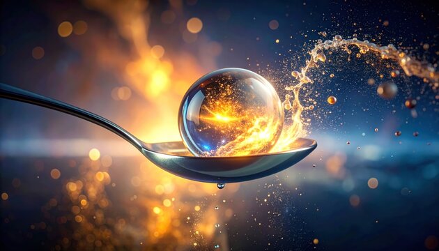 A shimmering glass sphere on a spoon, with cosmic fire and water splash