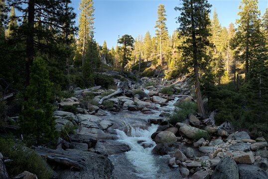 Bassi Creek running over granite terrain in the Eldorado National Forest of California.