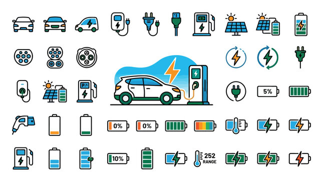 Electric vehicle charging and battery status icon set for green energy transport concepts. EPS Editable