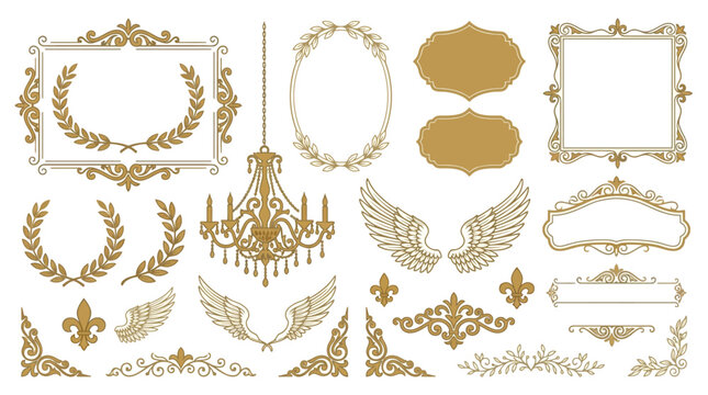 Elegant vintage baroque decorative elements set with frames chandelier wings and laurel wreaths. EPS Editable