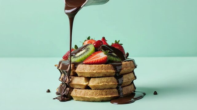 Chocolate syrup pouring over two stacked Belgian waffles with fresh strawberries, mint leaves, banana, blackberry, kiwi, cherry, and nuts on top