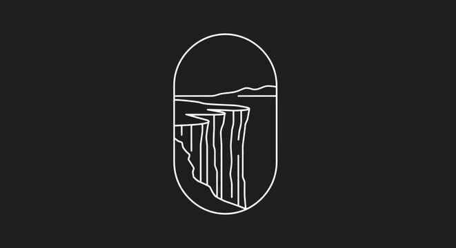 Minimalist Cliffside Line Art Logo with Vertical Landscape Design in an Oval Frame for Nature Brand Identity