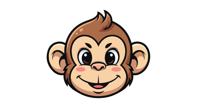 Cute monkey cartoon character head, friendly primate mascot vector illustration, happy brown chimpanzee face icon isolated on white background