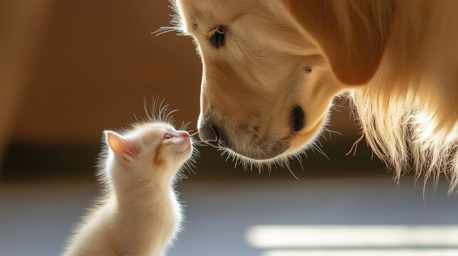 millennium. Golden retriever and kitten together in peaceful interaction. wildlife magazines, conservation campaigns, designed for eco-tourism storytelling.