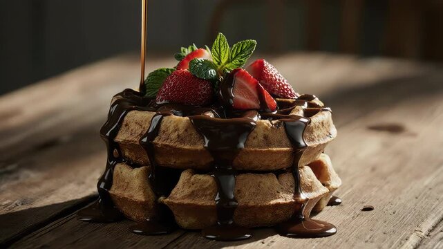 Chocolate syrup pouring over two stacked Belgian waffles with fresh strawberries, mint leaves, banana, blackberry, kiwi, cherry, and nuts on top