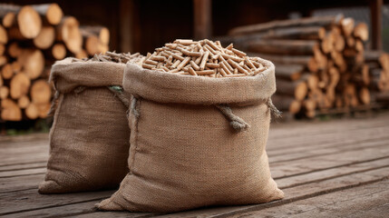 Fototapeta premium Wood pellet sack burlap sack wood fuel renewable fuel rustic storage timber stack wooden boardwalk natural material energy supply outdoor scene