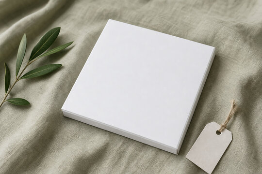 Mockup White Packaging Box Template on Linen with Olive Branch and Tag