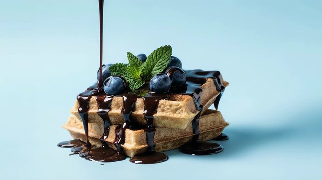 Chocolate syrup pouring over two stacked Belgian waffles with fresh strawberries, mint leaves, banana, blackberry, kiwi, cherry, and nuts on top