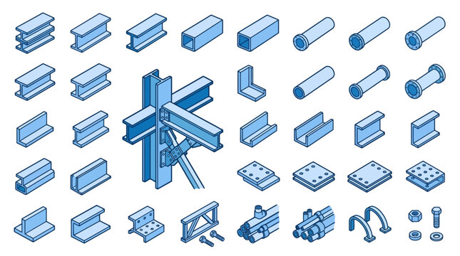 Isometric structural steel beam and metal construction components icon set vector illustration. EPS Editable
