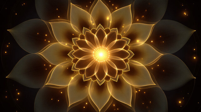 Golden mandala lotus flower glowing light sacred symbol abstract pattern dark background spiritual art symmetry ornate design radiant center decorative flower meditation zen elegant luminous