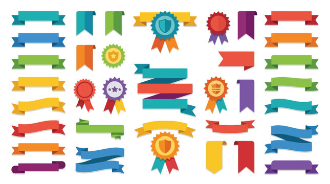 Large collection of colorful flat ribbon banners badges and award labels vector illustration set. EPS Editable