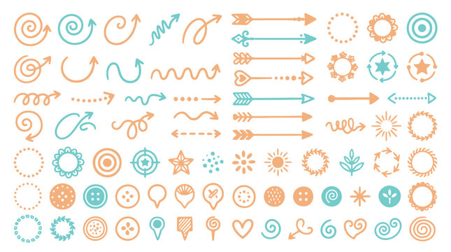 Large collection of colorful hand drawn doodle arrows circles and decorative design elements. EPS Editable
