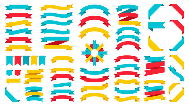 Large collection of colorful vector ribbon banners and scrolls in red yellow and blue colors. EPS Editable