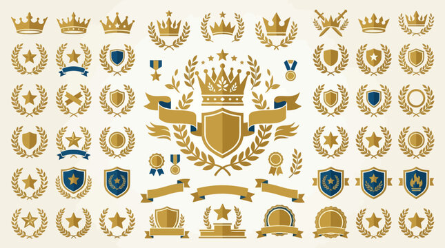 Large collection of golden heraldic elements including crowns shields laurel wreaths ribbons and premium quality badges vector illustration. EPS Editable