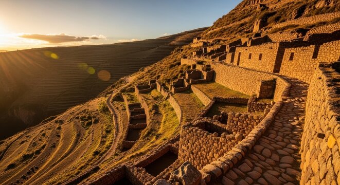 Ancient Stone Ruins on a Sunlit Mountain Terrace