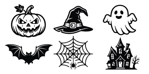 Obraz premium Halloween icons including jack-o-lantern, witch hat, ghost, bat, spider web, and haunted house