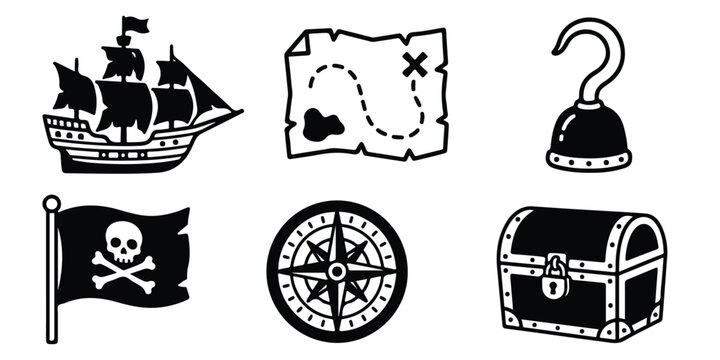 Pirate icons including ship, treasure map, hook, Jolly Roger flag, compass, and chest