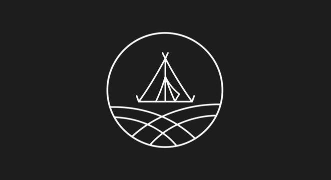 Monoline vector logo of a camping tent inside a circular frame, over abstract ground lines, symbolizing nature, outdoor adventure, and minimalist design concepts